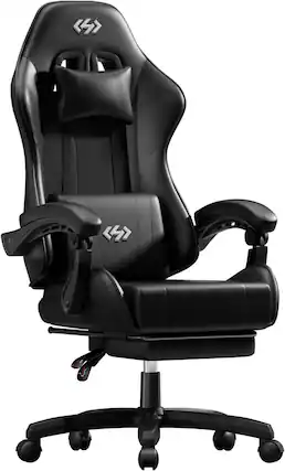 Front. hldirect - HLDIRECT Gaming Chair with Footrest, Lumbar Support & Headrest - Black.