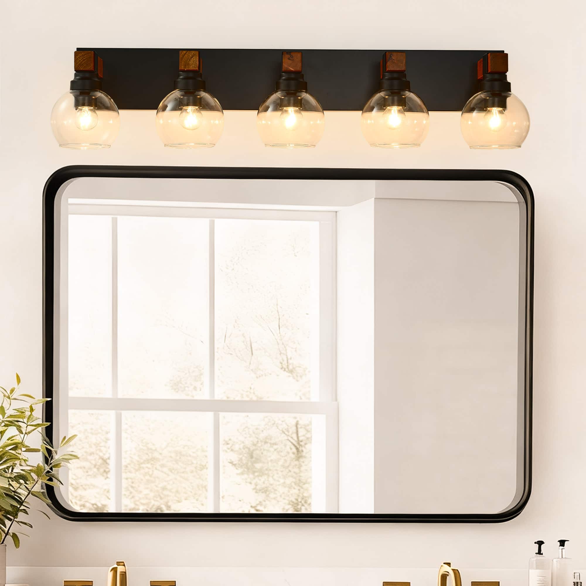 Front. RYHNUYNE - 5 Light Bathroom Vanity Light Fixtures, Black and Gold Wood Bathroom Light Fixtures Over Mirror, Farmhouse Wall Sconces - Black and Gold.
