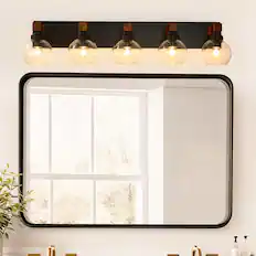 Front. RYHNUYNE - 5 Light Bathroom Vanity Light Fixtures, Black and Gold Wood Bathroom Light Fixtures Over Mirror, Farmhouse Wall Sconces - Black and Gold.