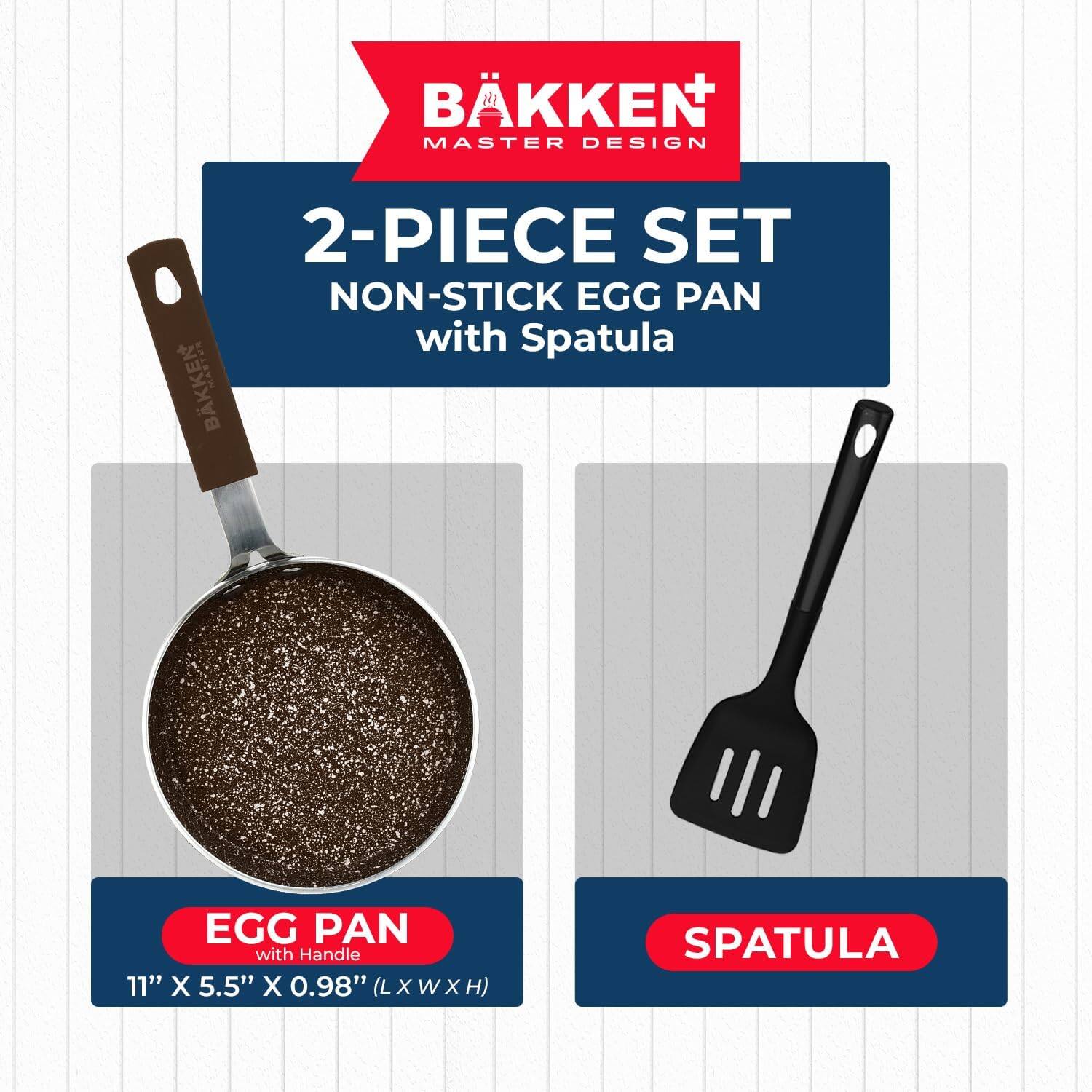 BKKEN MASTER DESIGN 2-PIECE SET NON-STICK EGG PAN with Spatula BKKEN EGG PAN with Handle 11" X 5.5" X 0.98" (LXWXH) SPATULA