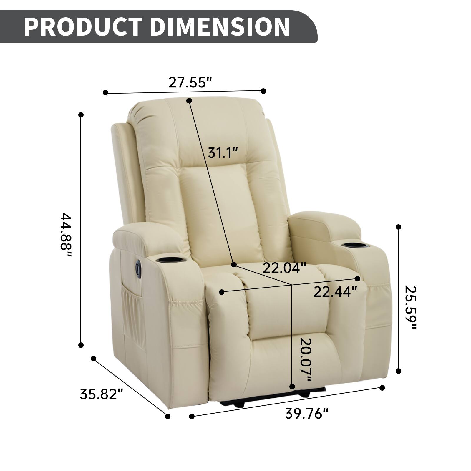 PRODUCT DIMENSION

- 27.55"
- 31.1"
- 44.88"
- 35.82"
- 22.04"
- 22.44"
- 20.07"
- 39.76"
- 25.59"