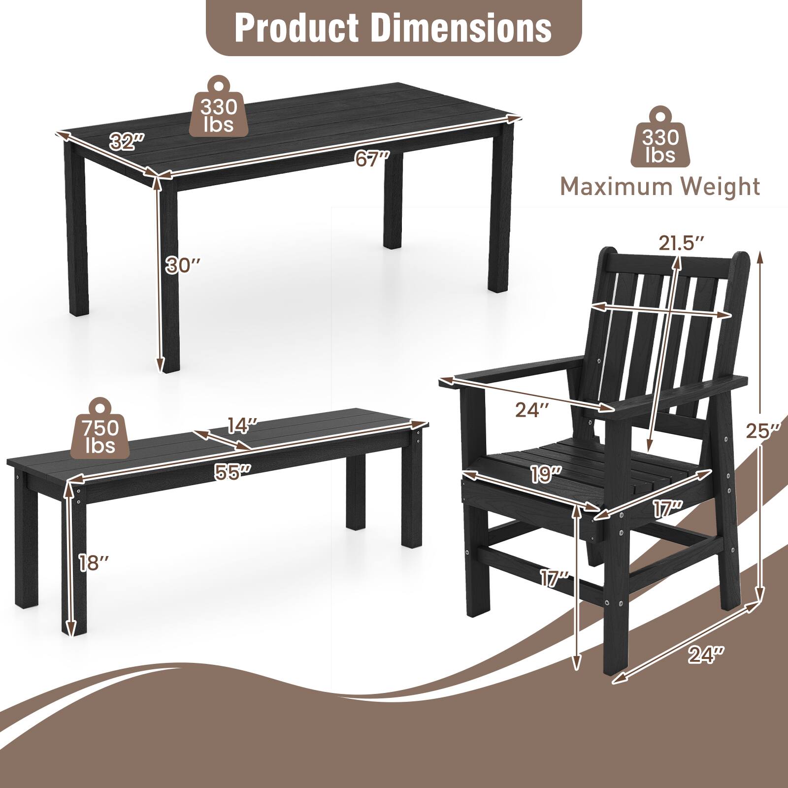 Product Dimensions

- Table: 32" x 30" x 67"
  - Maximum Weight: 330 lbs

- Bench: 55" x 14" x 18"
  - Maximum Weight: 750 lbs

- Chair: 24" x 19" x 25"
  - Seat Height: 17"
  - Back Height: 21.5"
  - Maximum Weight: 330 lbs