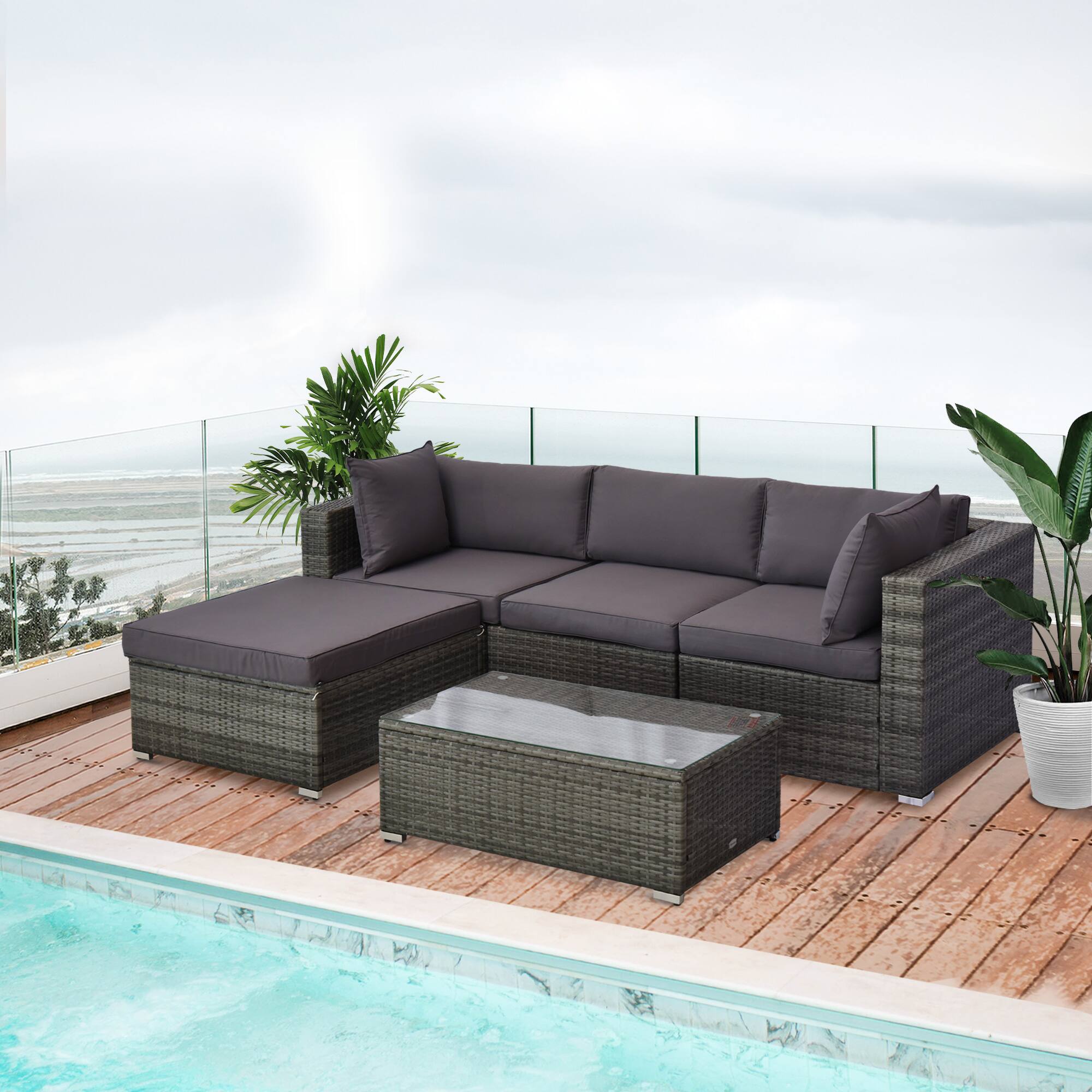 Alt View 1. Outsunny - 5-Piece Patio Furniture Set with Cushions, Outdoor PE Rattan Wicker Sofa Set, Sectional Furniture with Pillows - gray.