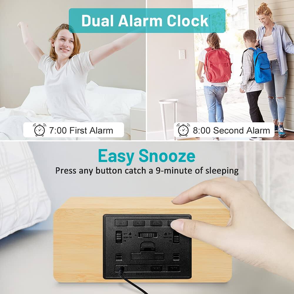 Dual Alarm Clock

7:00 First Alarm

8:00 Second Alarm

Easy Snooze

Press any button catch a 9-minute of sleeping