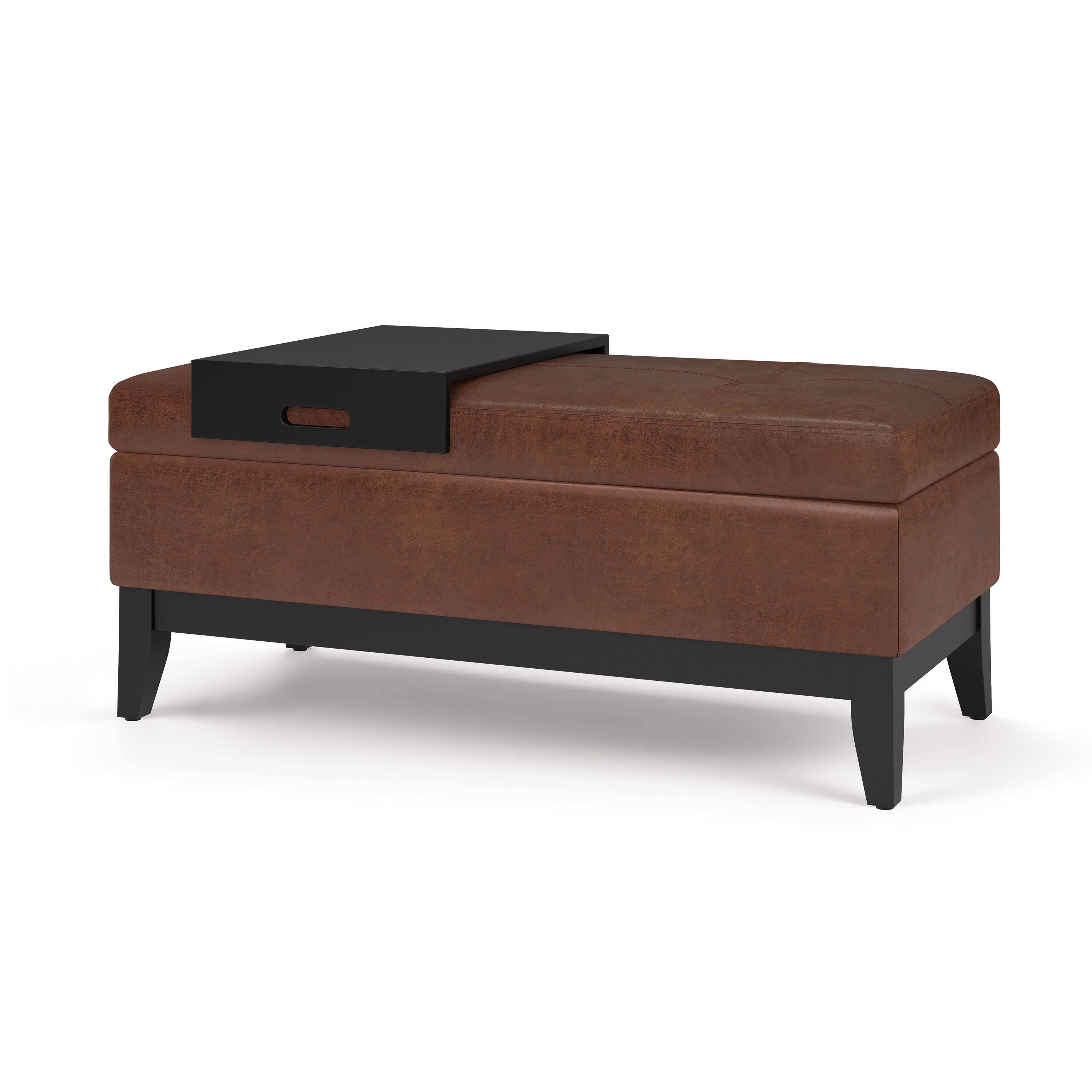 Angle. Simpli Home - Oregon Storage Ottoman Bench with Tray - Distressed Saddle Brown.