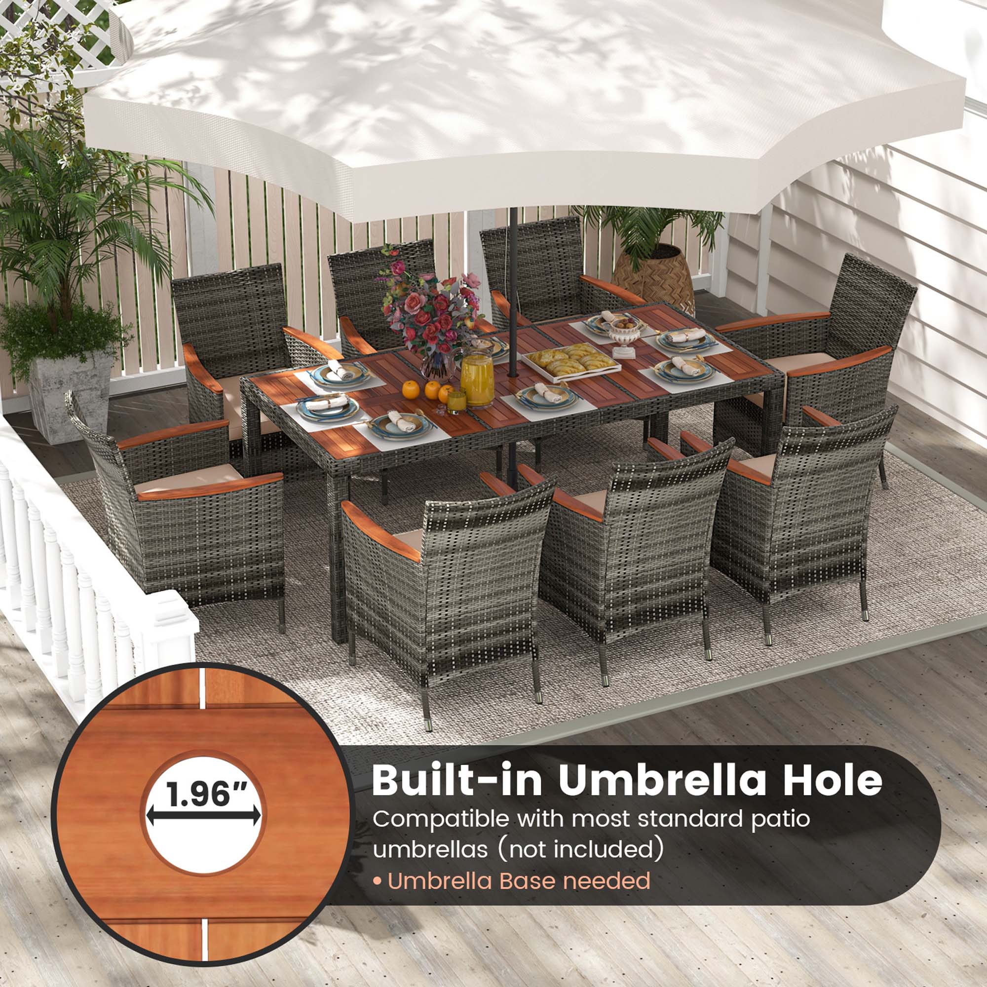 1.96" Built-in Umbrella Hole  
Compatible with most standard patio umbrellas (not included)  
Umbrella Base needed