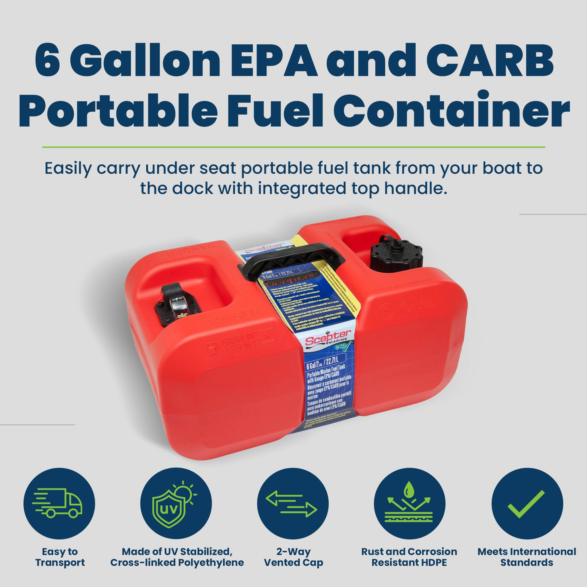 6 Gallon EPA and CARB Portable Fuel Container

Easily carry under seat portable fuel tank from your boat to the dock with integrated top handle.

- Easy to Transport
- Made of UV Stabilized, Cross-linked Polyethylene
- 2-Way Vented Cap
- Rust and Corrosion Resistant HDPE
- Meets International Standards