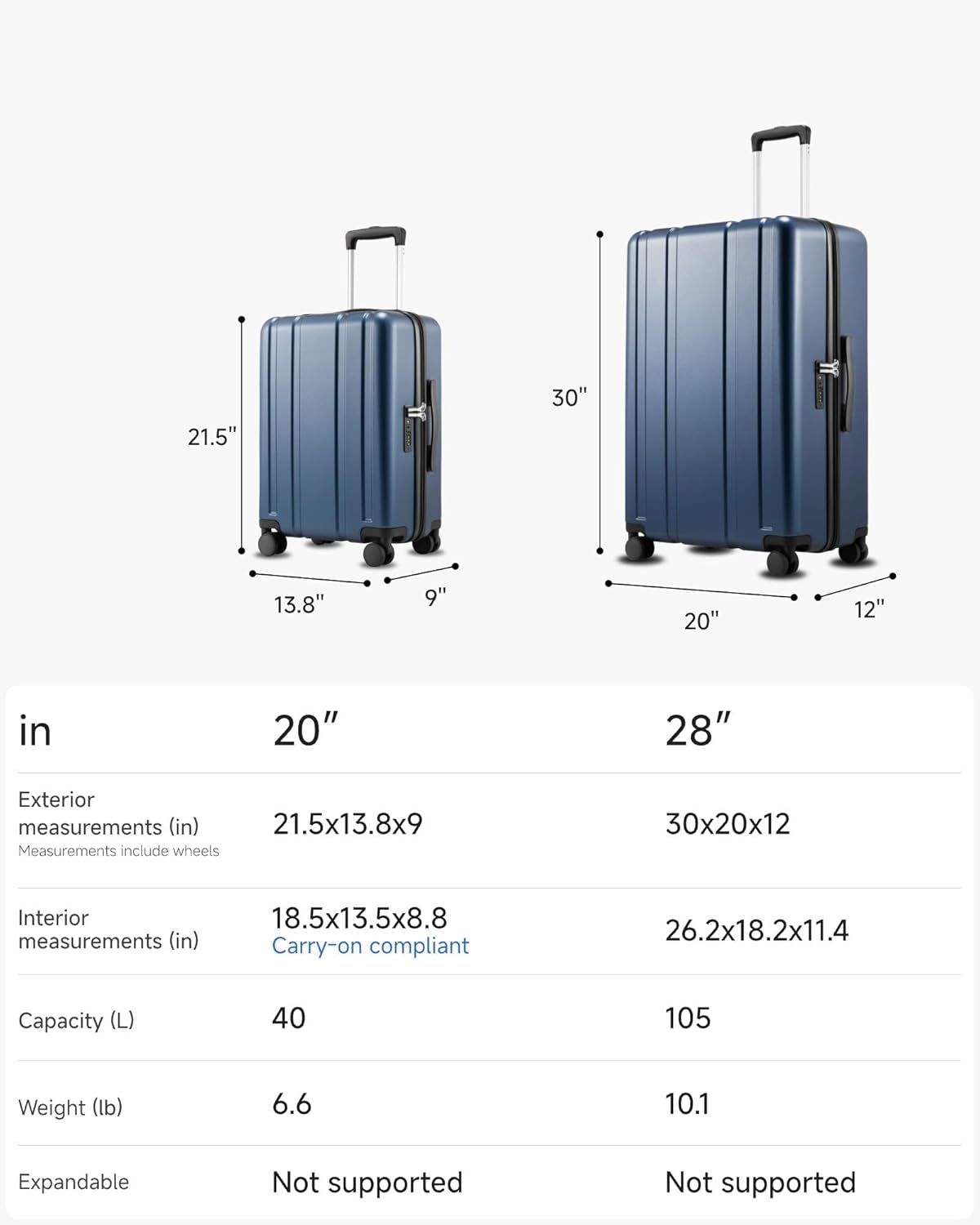 21.5" 30" 13.8" 9" 20" 12" in

Exterior measurements (in)
- 21.5x13.8x9 (Measurements include wheels)
- 30x20x12

Interior measurements (in)
- 18.5x13.5x8.8 (Carry-on compliant)
- 26.2x18.2x11.4

Capacity (L)
- 40
- 105

Weight (lb)
- 6.6
- 10.1

Expandable
- Not supported
- Not supported