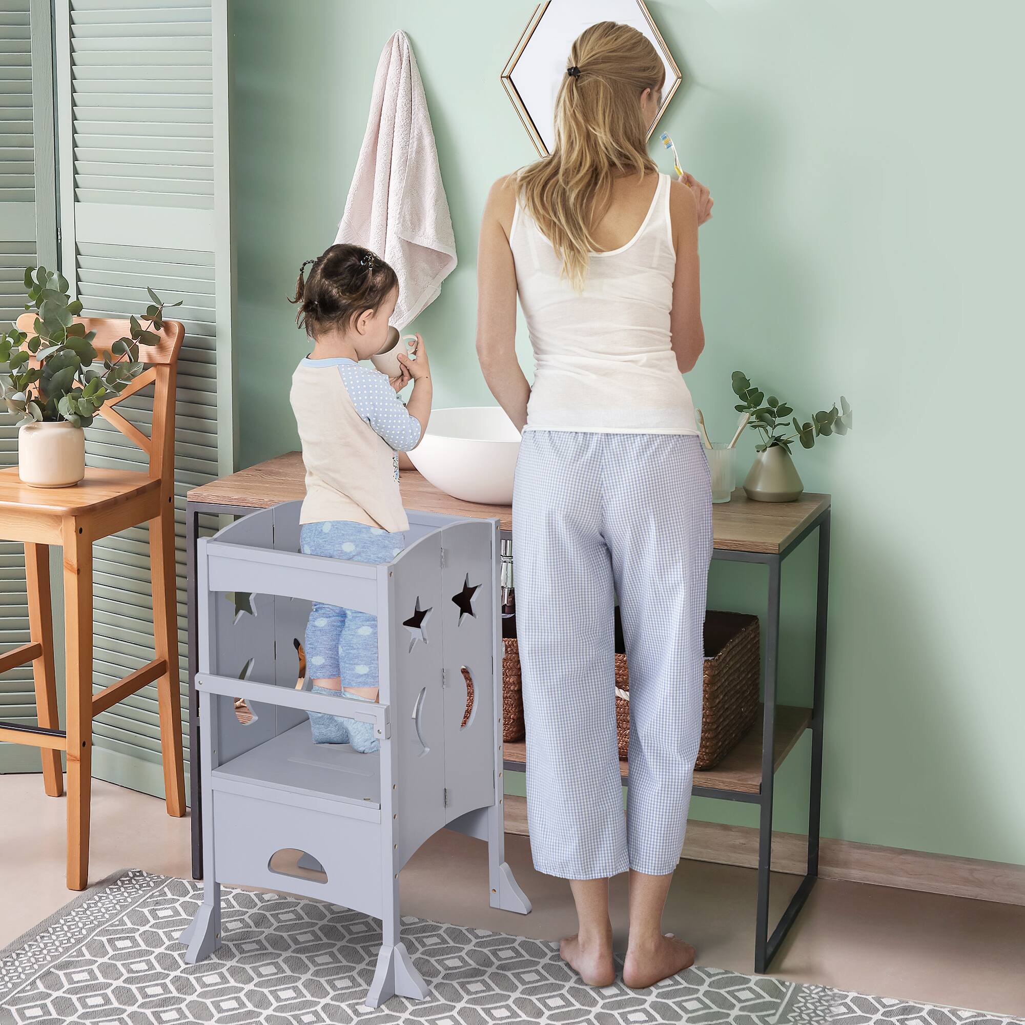 Alt View 4. Qaba - Wooden Kitchen Step Stool, Foldable Toddler Tower, Helper Stool, Kitchen Counter, Support Handles, Safety Rail - grey.