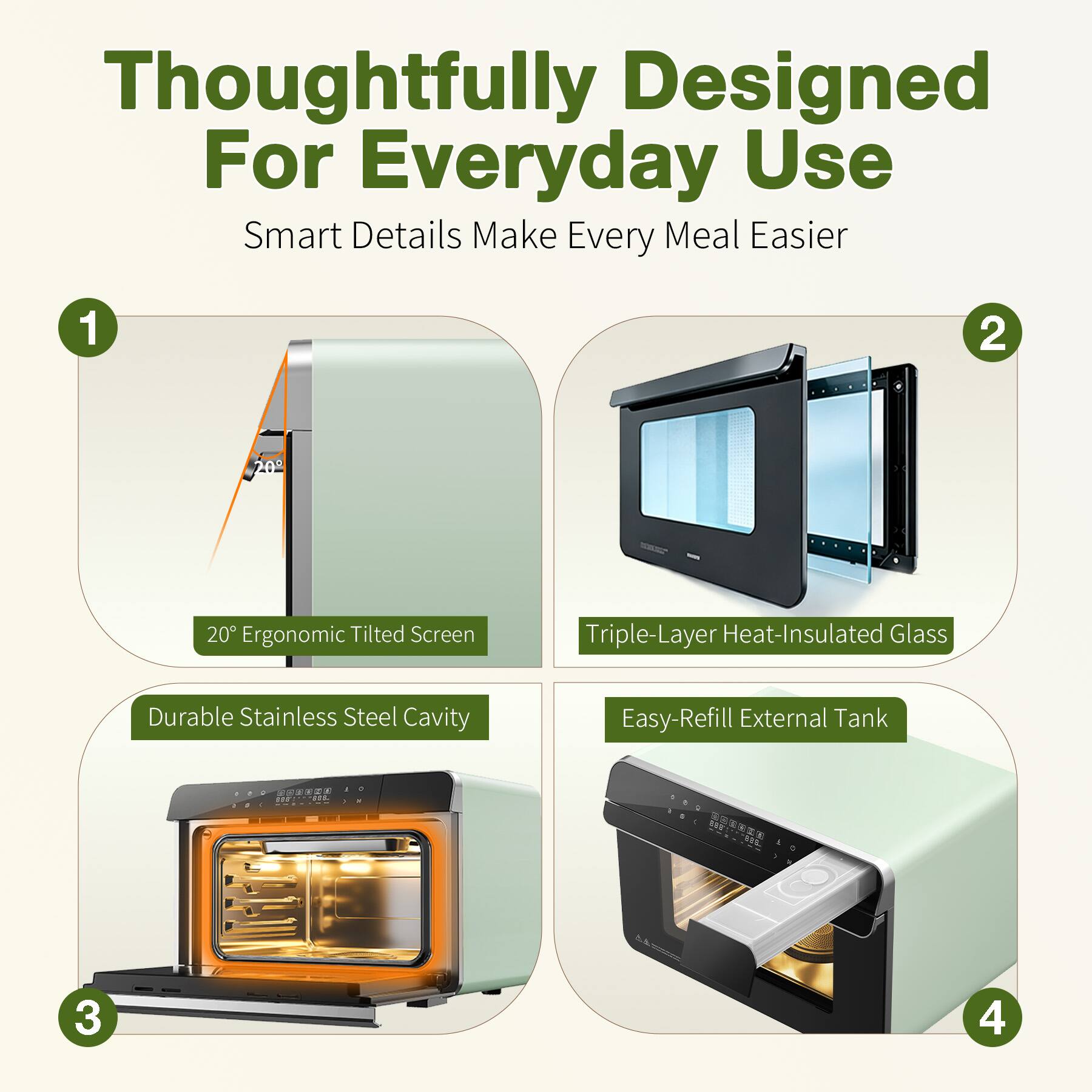 Thoughtfully Designed For Everyday Use  
Smart Details Make Every Meal Easier

1. 20° Ergonomic Tilted Screen  
2. Triple-Layer Heat-Insulated Glass  
3. Durable Stainless Steel Cavity  
4. Easy-Refill External Tank