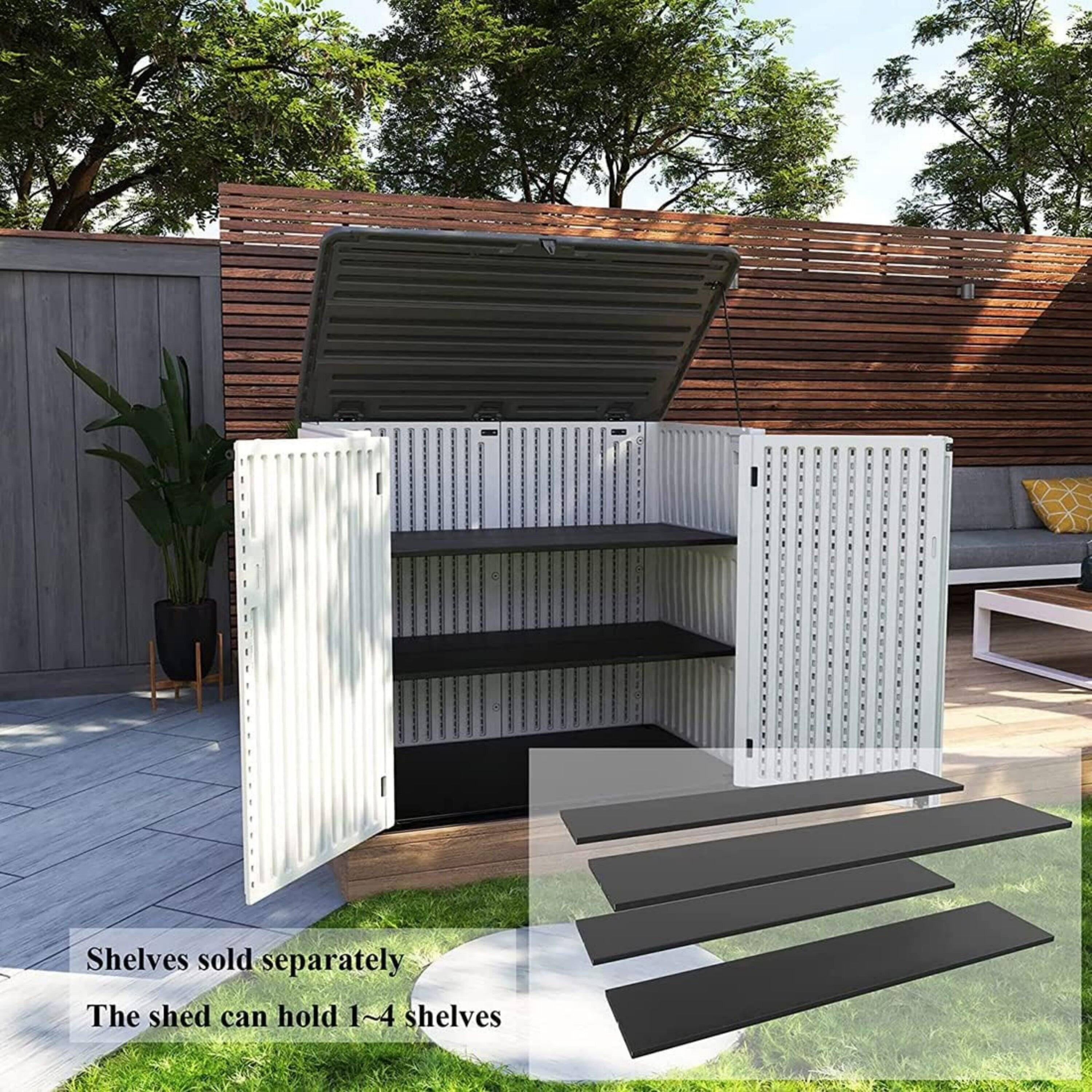 Shelves sold separately. The shed can hold 1~4 shelves.