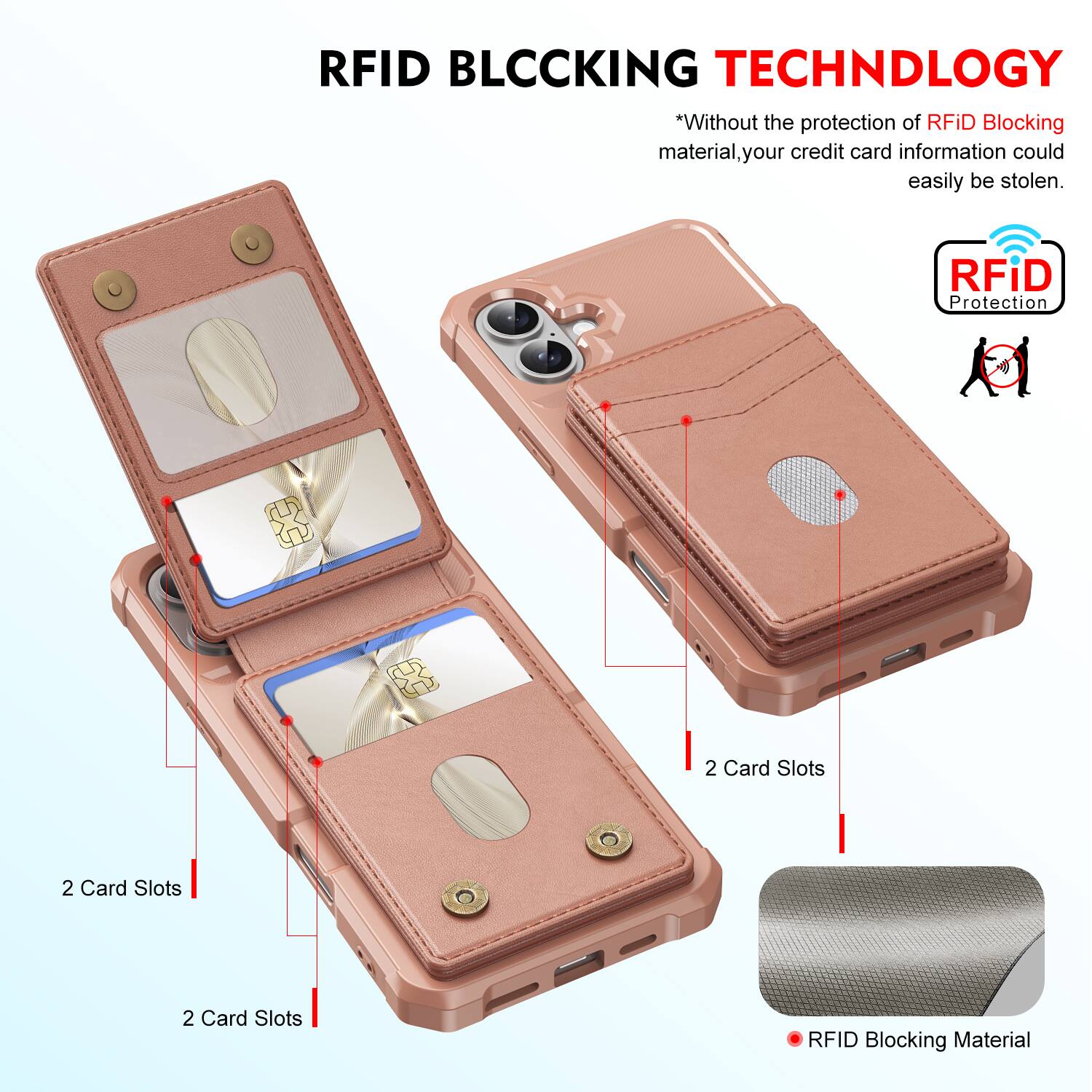 RFID BLOCKING TECHNOLOGY

*Without the protection of RFID Blocking material, your credit card information could easily be stolen.

RFID Protection

2 Card Slots

2 Card Slots

2 Card Slots

RFID Blocking Material