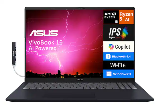 AMD Ryzen 5 AI
ASUS VivoBook 16 AI Powered
IPS SuperCLEAR
Copilot
Bluetooth 5.4
Wi-Fi 6
Windows 11