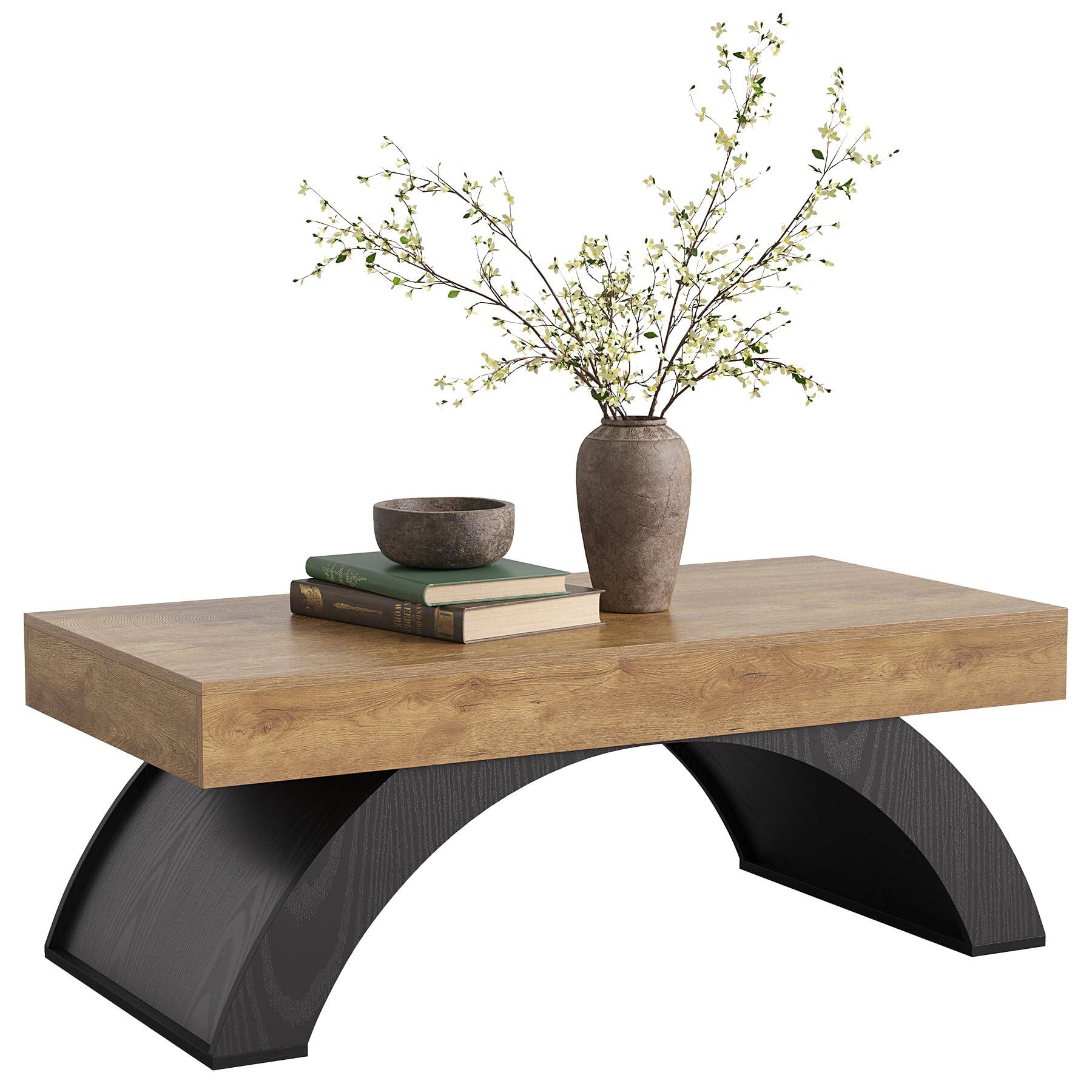 Alt View 8. Tribesigns - LITTLE TREE Modern Coffee Table, 47” Living Room Table, Rectangle Coffee Table with Artistic Arched Base, Wood Center Ta - Brown & Black.