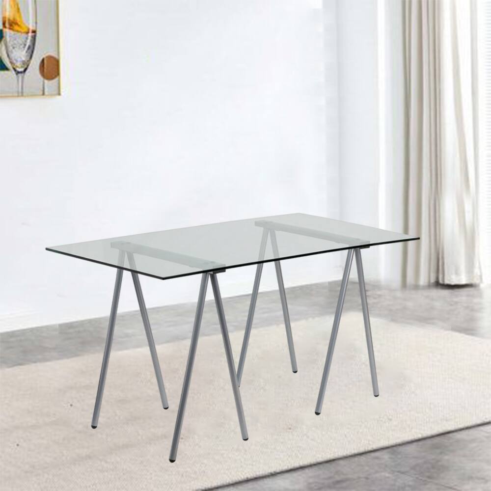 Angle. SlickBlue - Modern Glass Top Work Desk with Durable Metal Legs - Clear.
