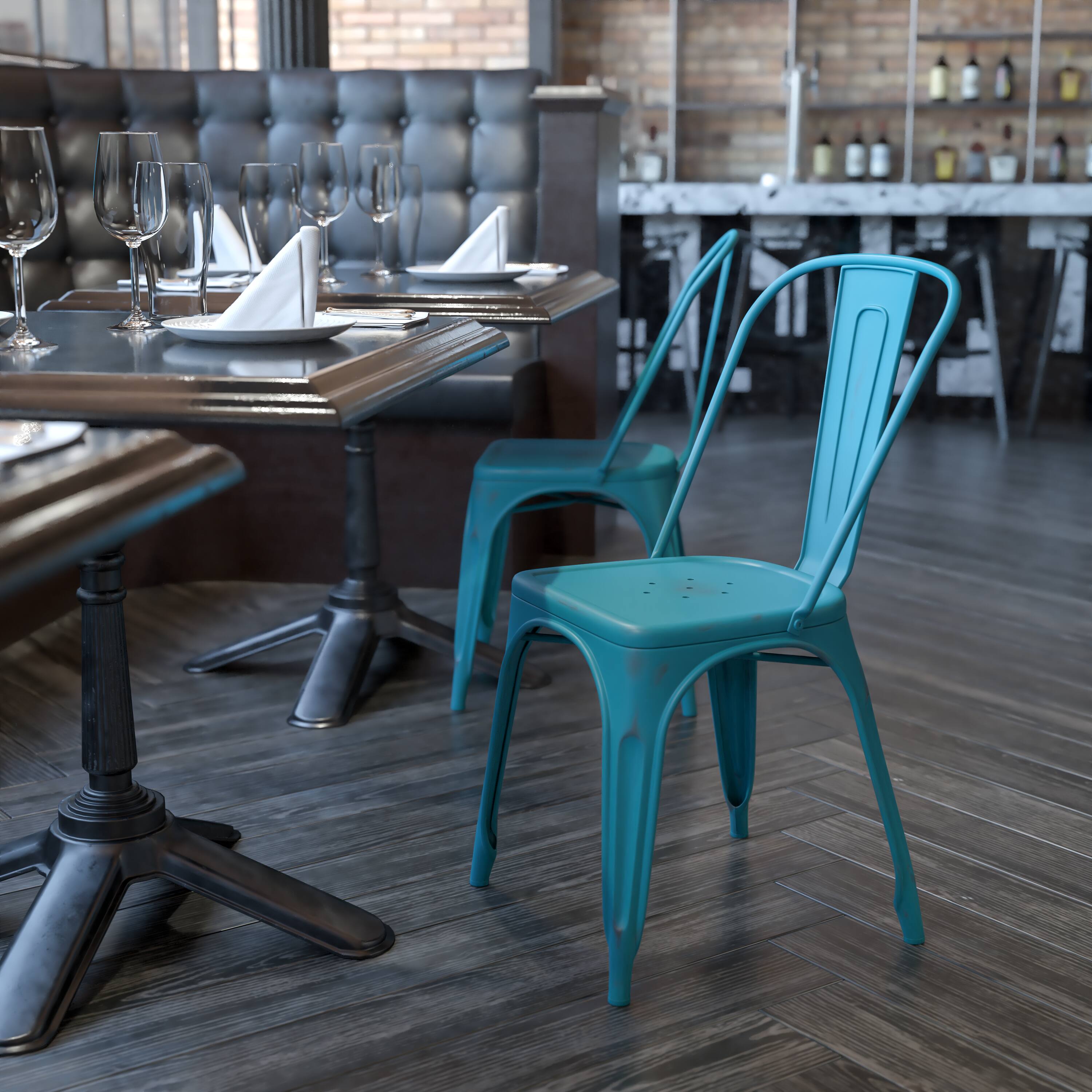 Alt View 1. Emma + Oliver - Commercial Grade Distressed Colorful Metal Indoor-Outdoor Stackable Chair - Kelly Blue-Teal.