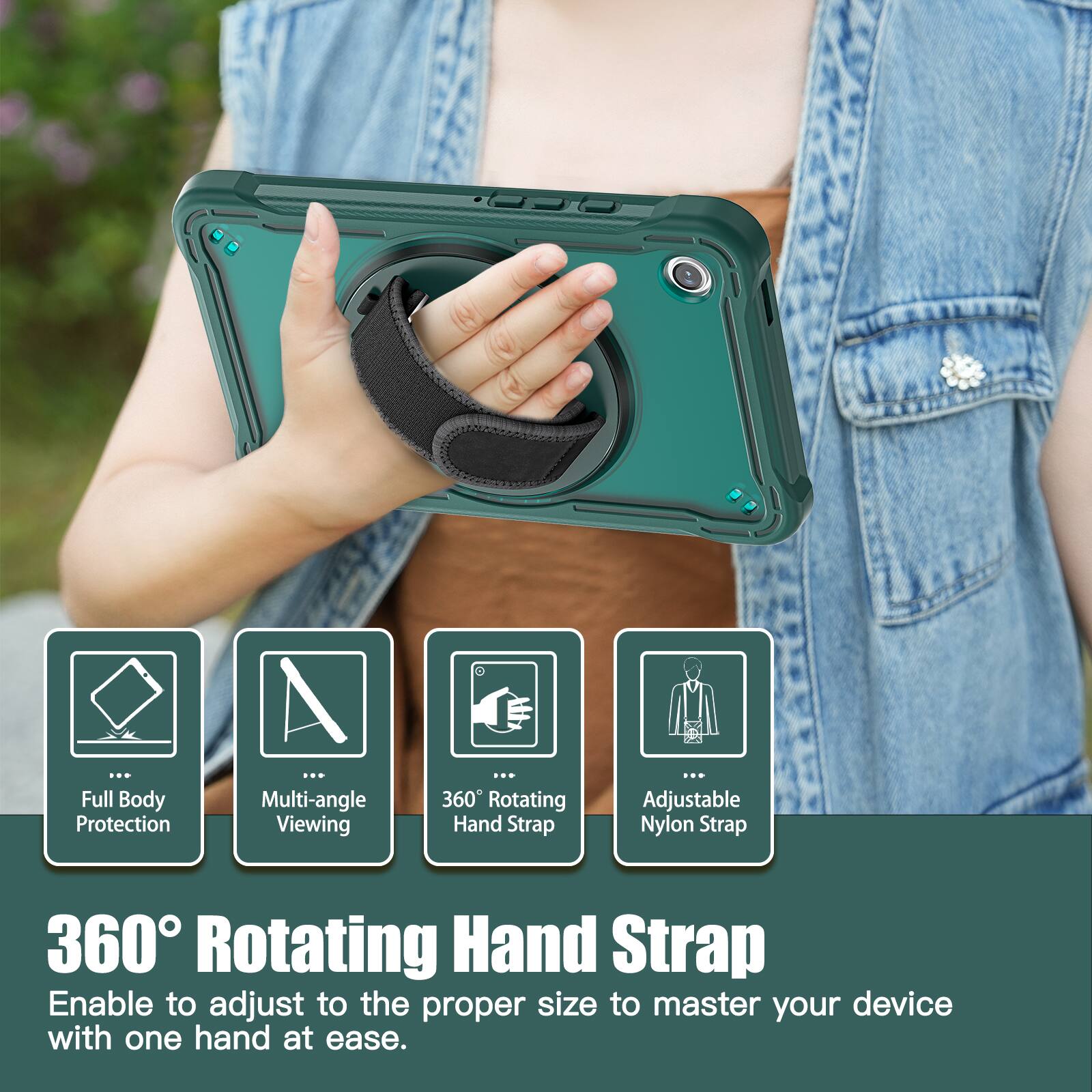 Full Body Protection  
Multi-angle Viewing  
360 Rotating Hand Strap  
Adjustable Nylon Strap  

360° Rotating Hand Strap  
Enable to adjust to the proper size to master your device with one hand at ease.
