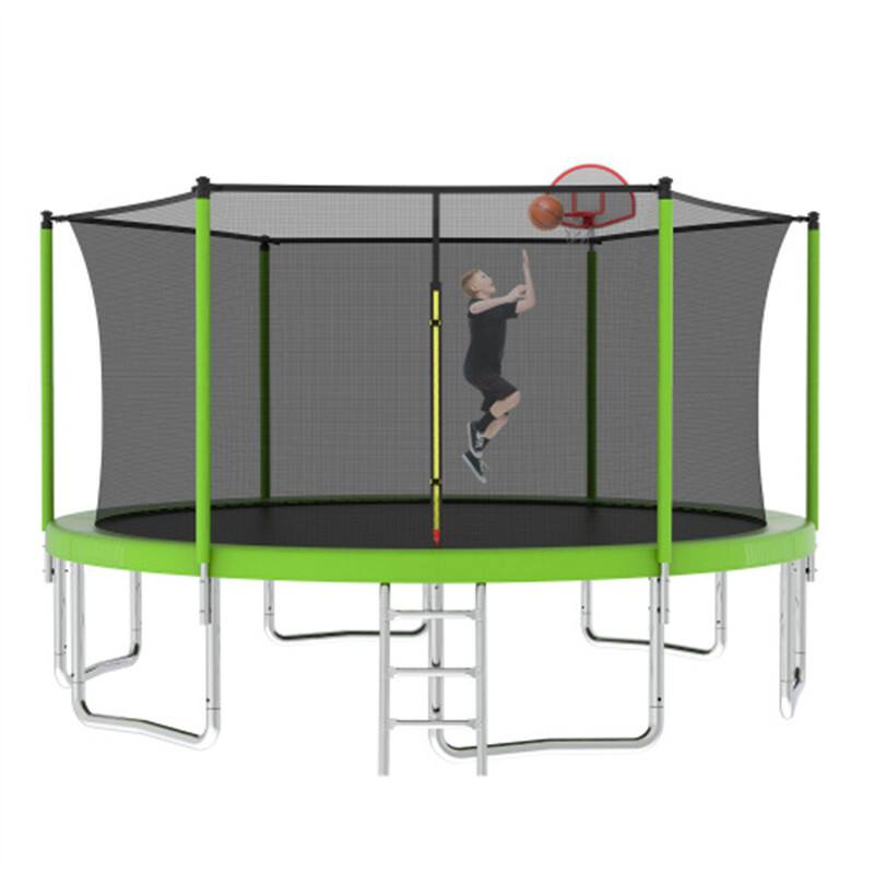 Angle. HTUTWOO - Trampoline for Kids 14FT with Enclosure Net - Backyards Recreational Trampoline, Jumping Mat,Spring Cover Padding,Ladder - Green.