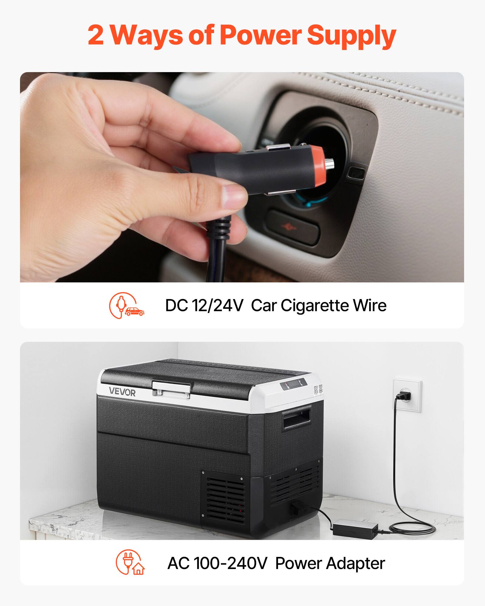 2 Ways of Power Supply
DC 12/24V Car Cigarette Wire
AC 100-240V Power Adapter