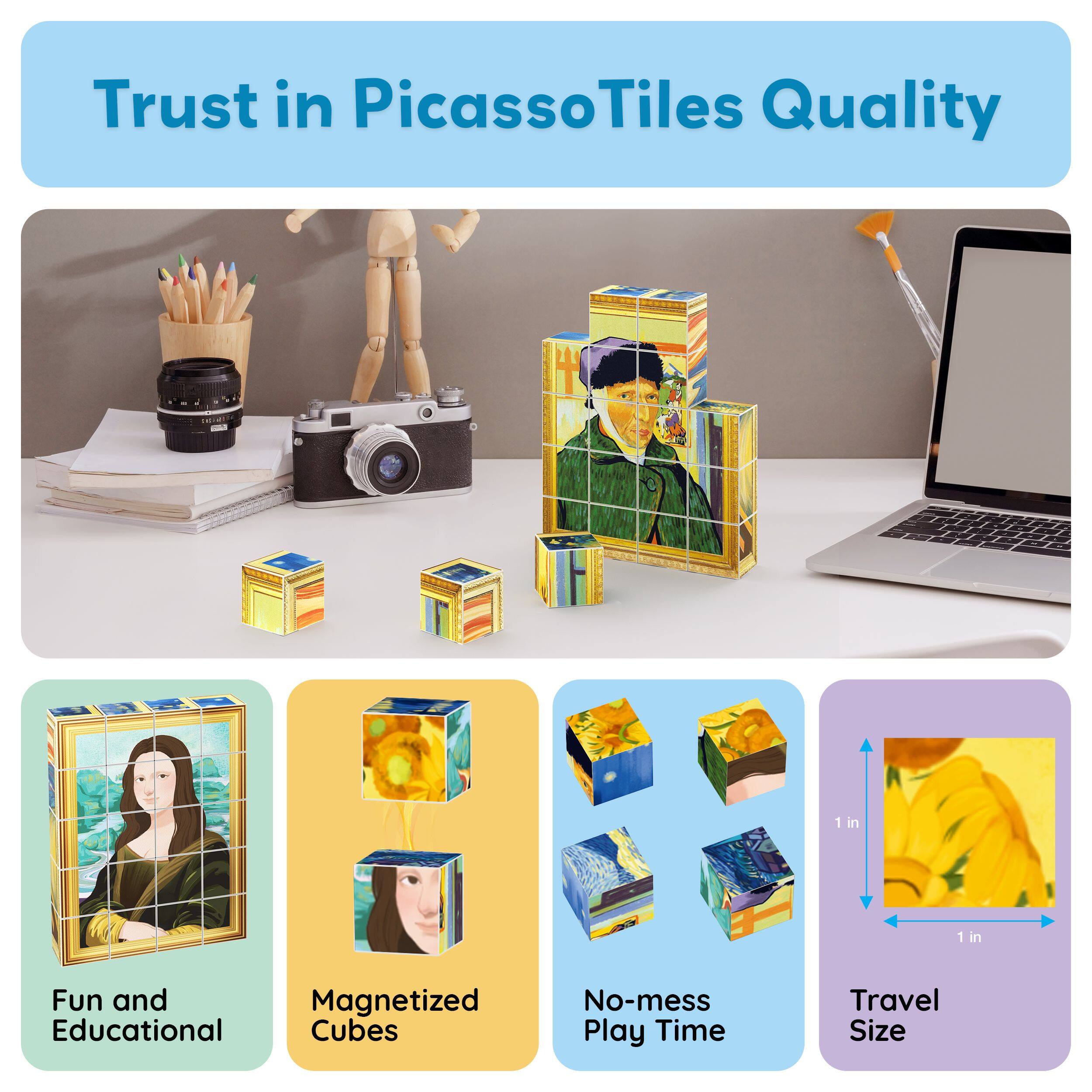 Trust in PicassoTiles Quality

- Fun and Educational
- Magnetized Cubes
- No-mess Play Time
- Travel Size