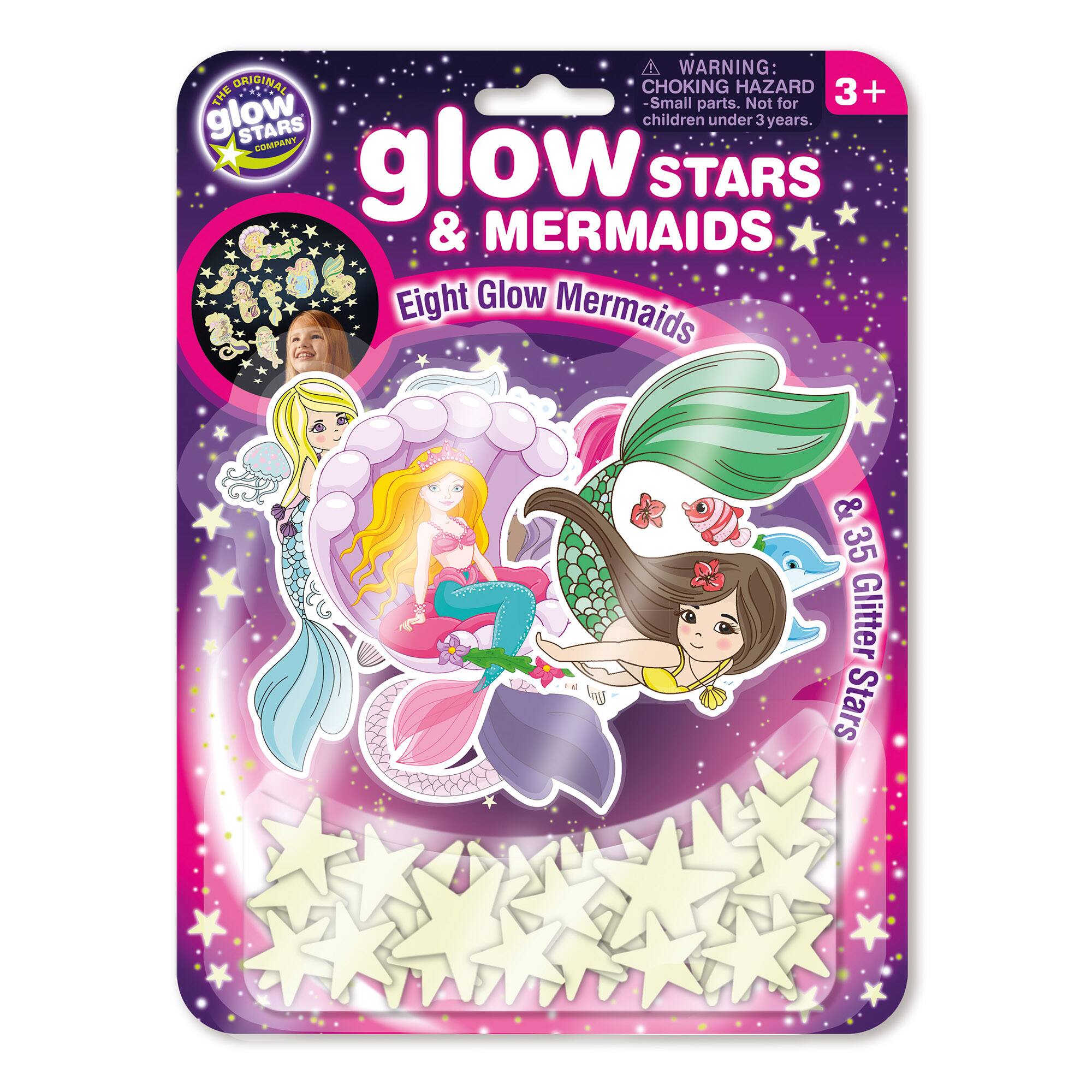 WARNING: CHOKING HAZARD - Small parts. Not for children under 3 years. Glow Stars & Mermaids: Eight Glow Mermaids & 35 Glitter Stars.