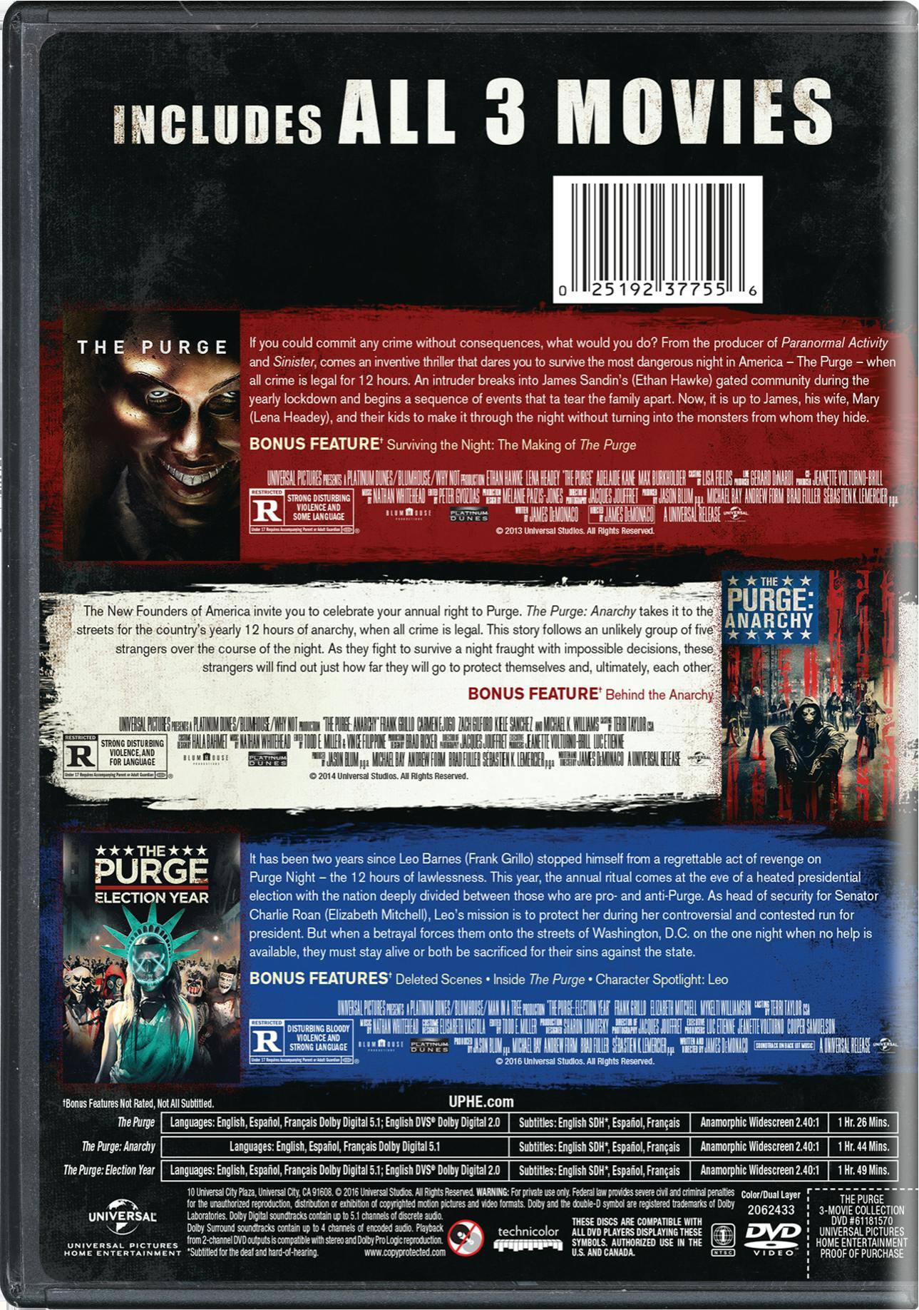 Angle. The Purge: 3-movie Collection (DVD Triple Feature) [DVD].