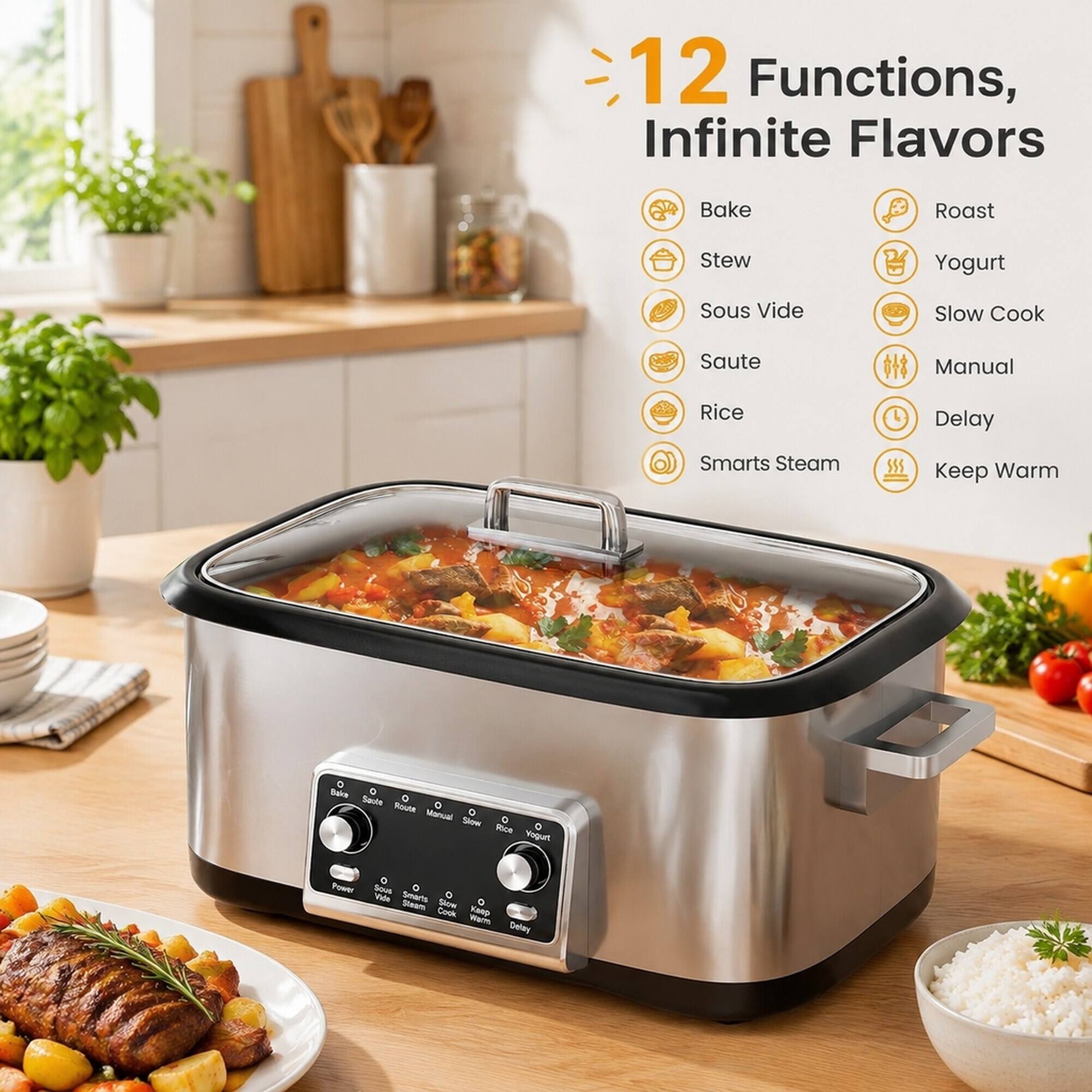 12 Functions, Infinite Flavors

Bake
Roast
Stew
Yogurt
Sous Vide
Slow Cook
Saute
Manual
Rice
Delay
Smarts Steam
Keep Warm

O Bake O Saute O Roast O Manual O Slow Rice O Yogurt
Power Sous o Vide Smarts o Steam Slow o Cook Warm Keep Delay