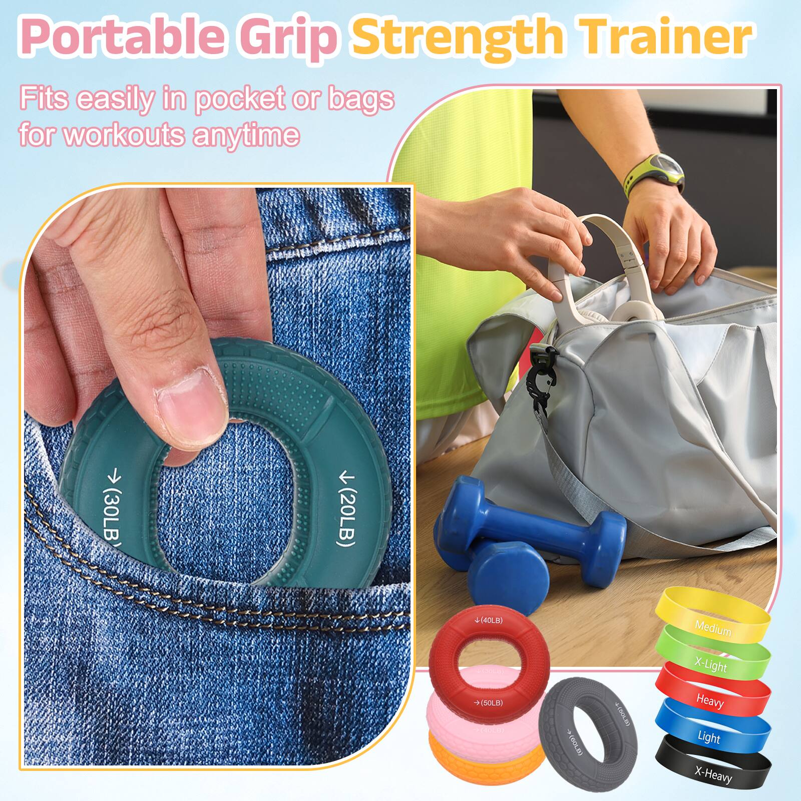 Portable Grip Strength Trainer  
Fits easily in pocket or bags for workouts anytime  

LED 7 (30LB < (20LB) L (40LB) + +(50LB) REROLI +060LBm 10IT Medium X-Light Heavy Light X-Heavy