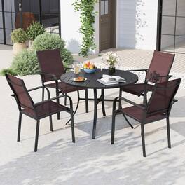 Gymax - 5-Piece Patio Dining Set for 4Round Metal Table w/ Umbrella Hole & 4 Stackable Coffee & Black - Multicolor