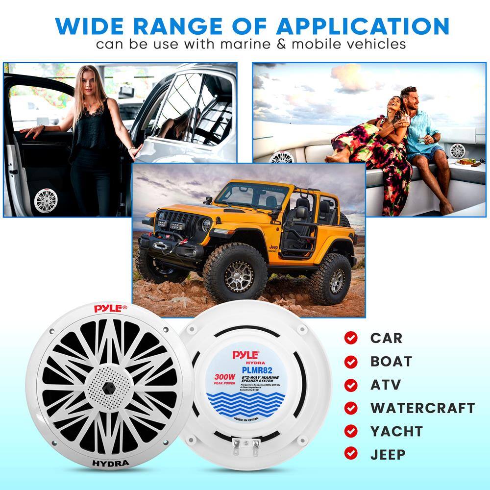 WIDE RANGE OF APPLICATION  
can be use with marine & mobile vehicles  

PYLE HYDRA PLMR82  
300W 2-WAY MARINE SPEAKER  

CAR  
BOAT  
ATV  
WATERCRAFT  
YACHT  
JEEP