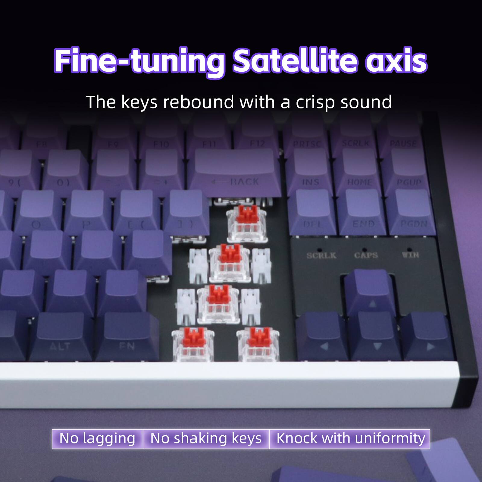 Fine-tuning Satellite axis  
The keys rebound with a crisp sound  

FB F9 F10 F11 F12 PRTSC SCRLK PAUSE  
9( 0) 4 BACK INS HOME PGUP O P  ] ) DEL END PGDN SCRLK CAPS WIN ALT FN  

No lagging  
No shaking keys  
Knock with uniformity