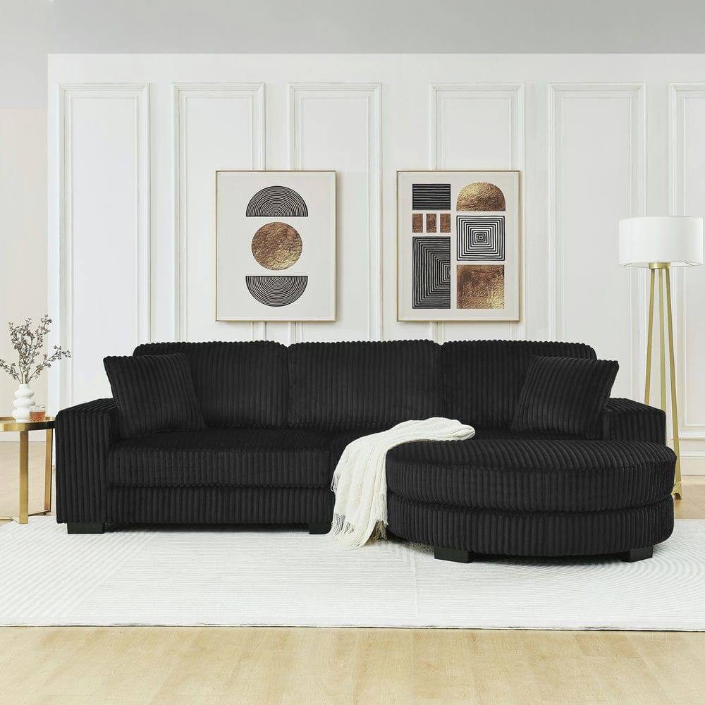 Alt View 9. Kadyn - Modular Sleeper Sectional with Ottoman, L-Shaped Corduroy Sofa with Tufted Upholstery, Black - Black.