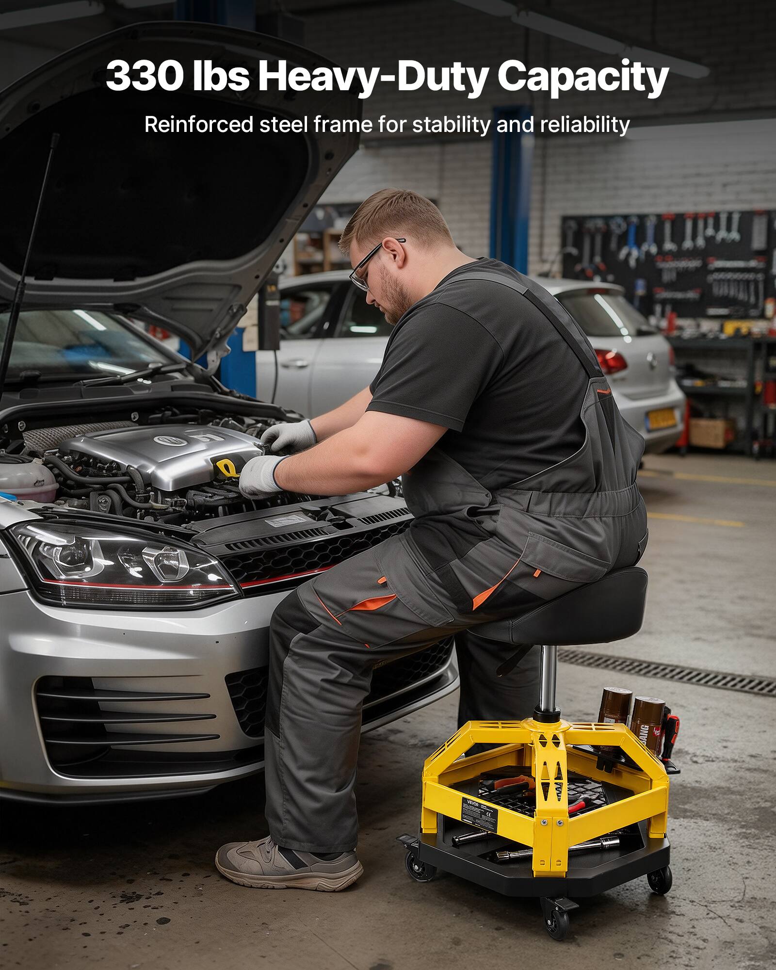330 lbs Heavy-Duty Capacity  
Reinforced steel frame for stability and reliability