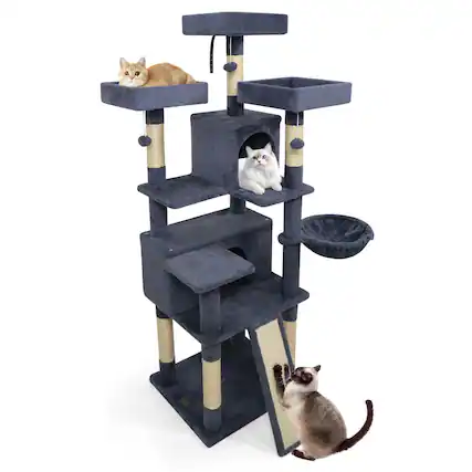 Front. Costway - Costway 65" Tall Multi-level Cat Tree with 3 Upholstered Top Perch 2 Cat Condos Cat Basket.
