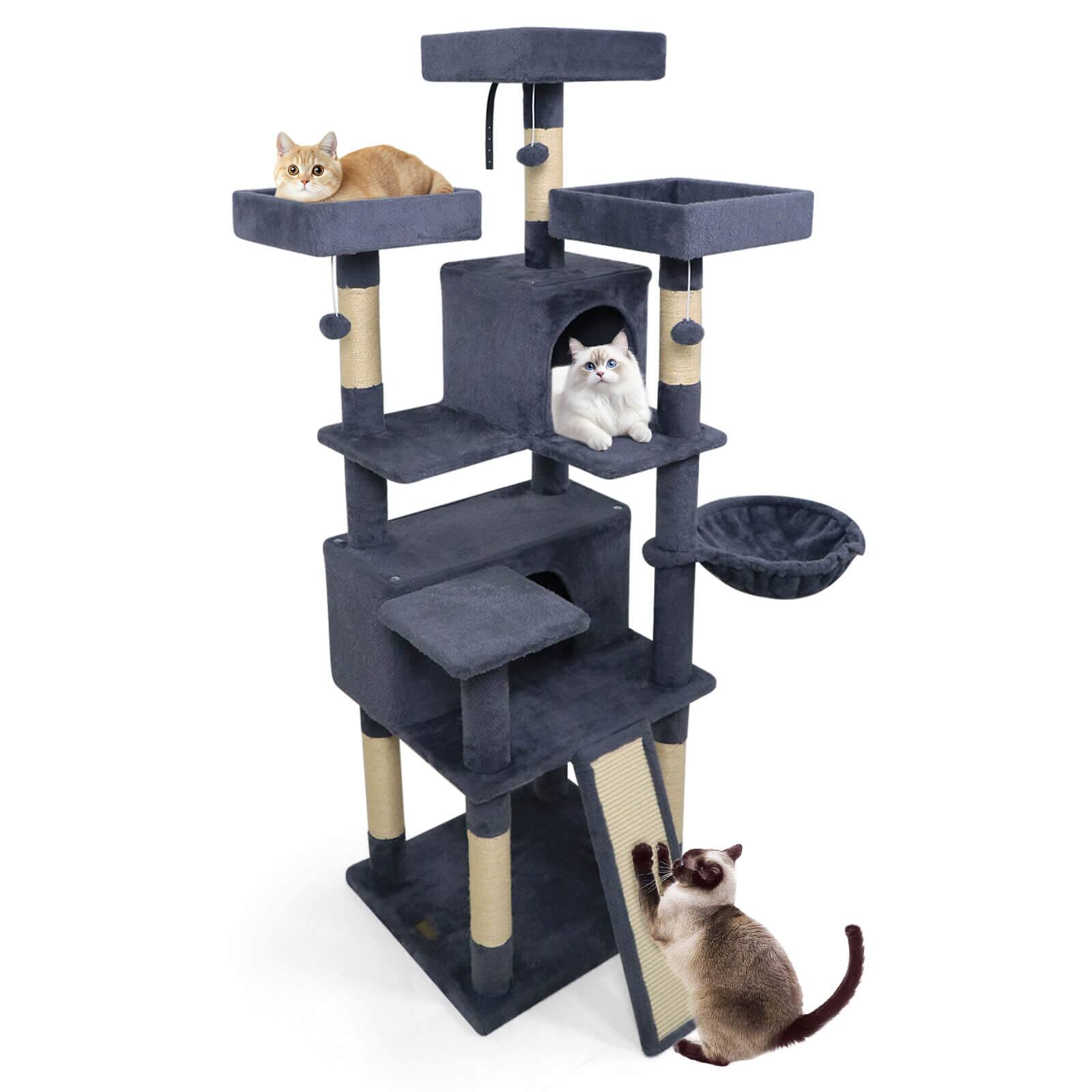 Front. Costway - Costway 65" Tall Multi-level Cat Tree with 3 Upholstered Top Perch 2 Cat Condos Cat Basket.
