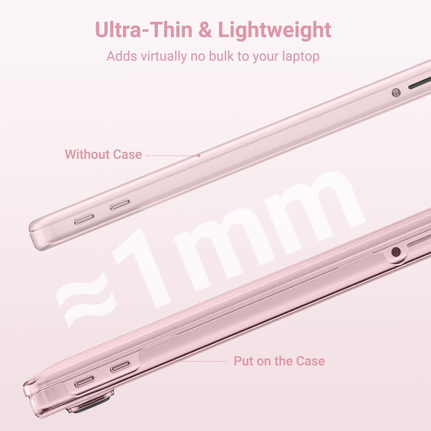 Ultra-Thin & Lightweight  
Adds virtually no bulk to your laptop  

Without Case  
~1mm  
Put on the Case