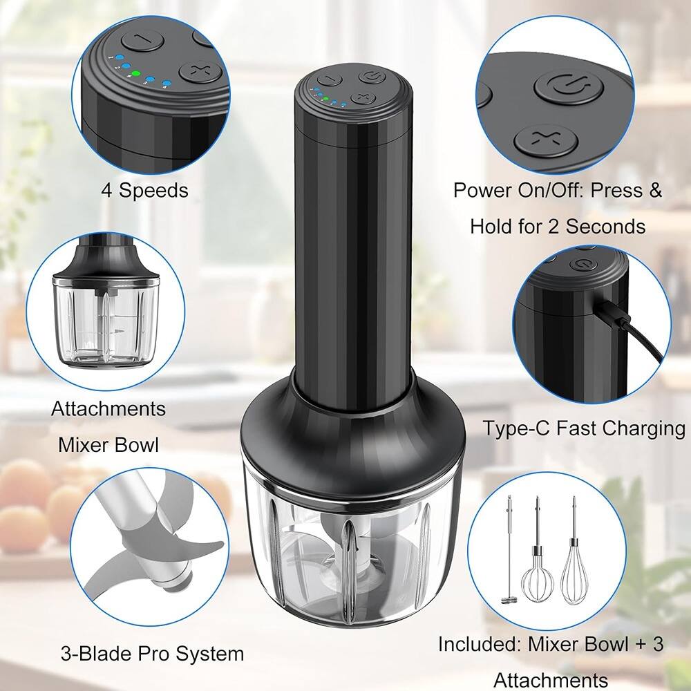 - 4 Speeds
- Power On/Off: Press & Hold for 2 Seconds
- Attachments
- Mixer Bowl
- Type-C Fast Charging
- 3-Blade Pro System
- Included: Mixer Bowl + 3 Attachments