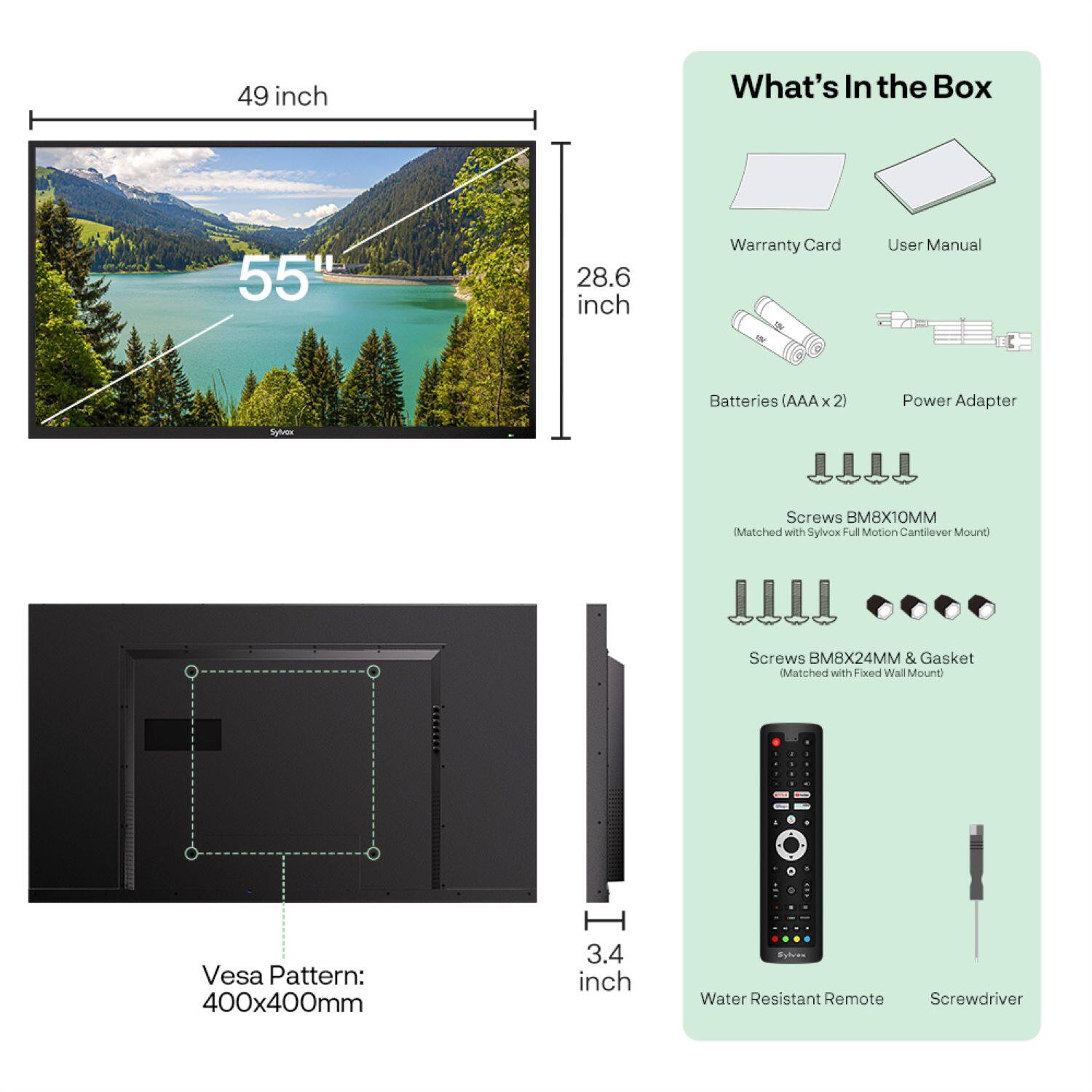 The text on the image is grouped and corrected as follows:

49 inch What's In the Box:
55" 28.6 inch Warranty Card
User Manual
Batteries (AAA x 2)
Power Adapter
Screws
MMTX8M8 (Matched with Sylvox Full Motion Cantilever Mount)
Screws BM8X24MM & Gasket
Matched with Fixed Wall Mount
Vesa Pattern: 400x400mm
3.4 inch Water Resistant Remote
Screwdriver