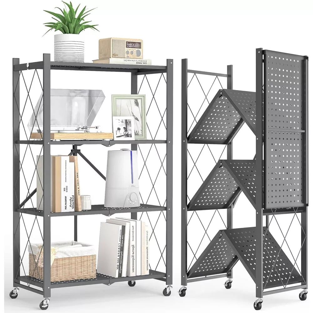 Sugift - 4-Tier Foldable Storage Shelves, Metal Storage Rack with Wheels - Grey
