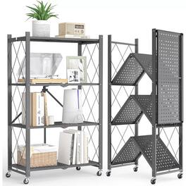Sugift - 4-Tier Foldable Storage Shelves, Metal Storage Rack with Wheels - Gray