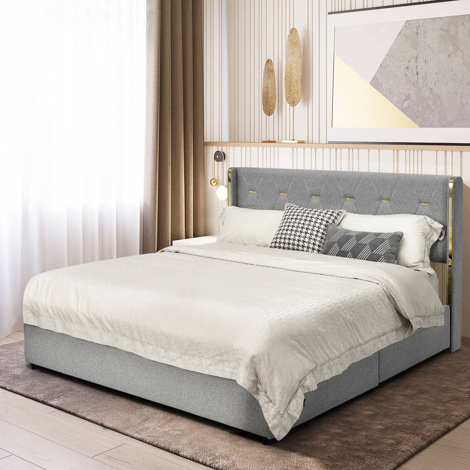 Alt View 5. LUCKY ONE - Full/Queen Assembled Upholstered Bed Frame with High Headboard 4 Drawers Steel Structure - Silver.