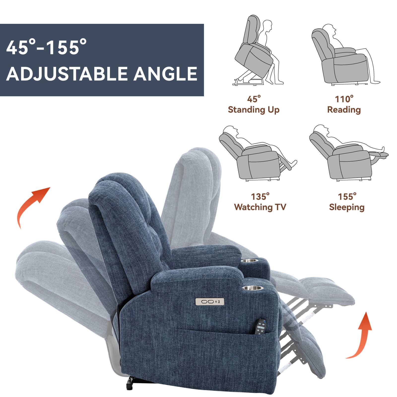 45°-155° ADJUSTABLE ANGLE

45° Standing Up  
110° Reading  
135° Watching TV  
155° Sleeping