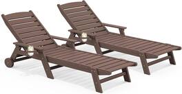 SERWALL - HDPE Outdoor Lounge Chair Set of 2 with Rolling Wheels & Cup Holder for Pool - Coffee Brown