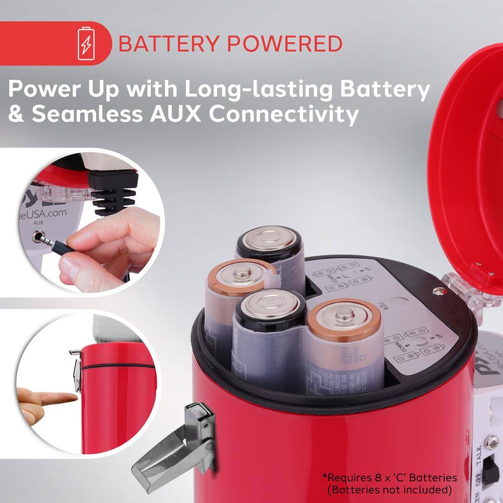 BATTERY POWERED

Power Up with Long-lasting Battery & Seamless AUX Connectivity

*Requires 8 x 'C' Batteries (Batteries not included)