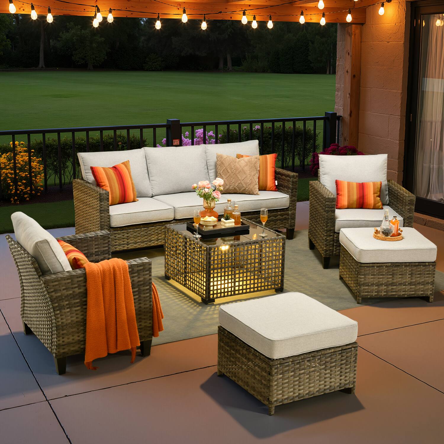 Front. Ovios - 6 PCS Patio Furniture Conversation Set 3 Seat Sofa Comfy Armchair with Coffee Table & Ottoman - Gray.