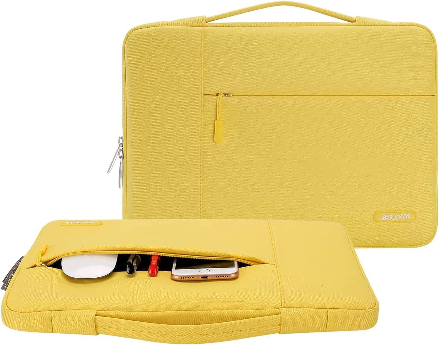 Angle. mosiso - 13.3-inch Slim Laptop Sleeve with Handle, Shock-Resistant Bubble Foam, Two Exterior Pockets - Yellow.