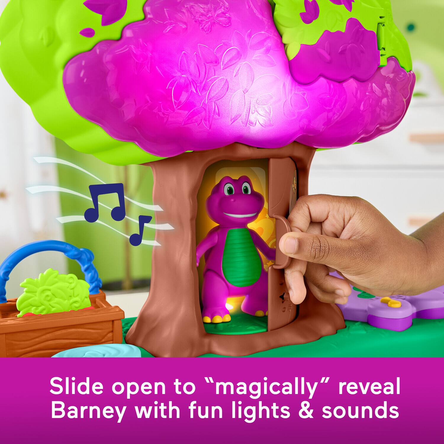 Slide open to "magically" reveal Barney with fun lights & sounds.