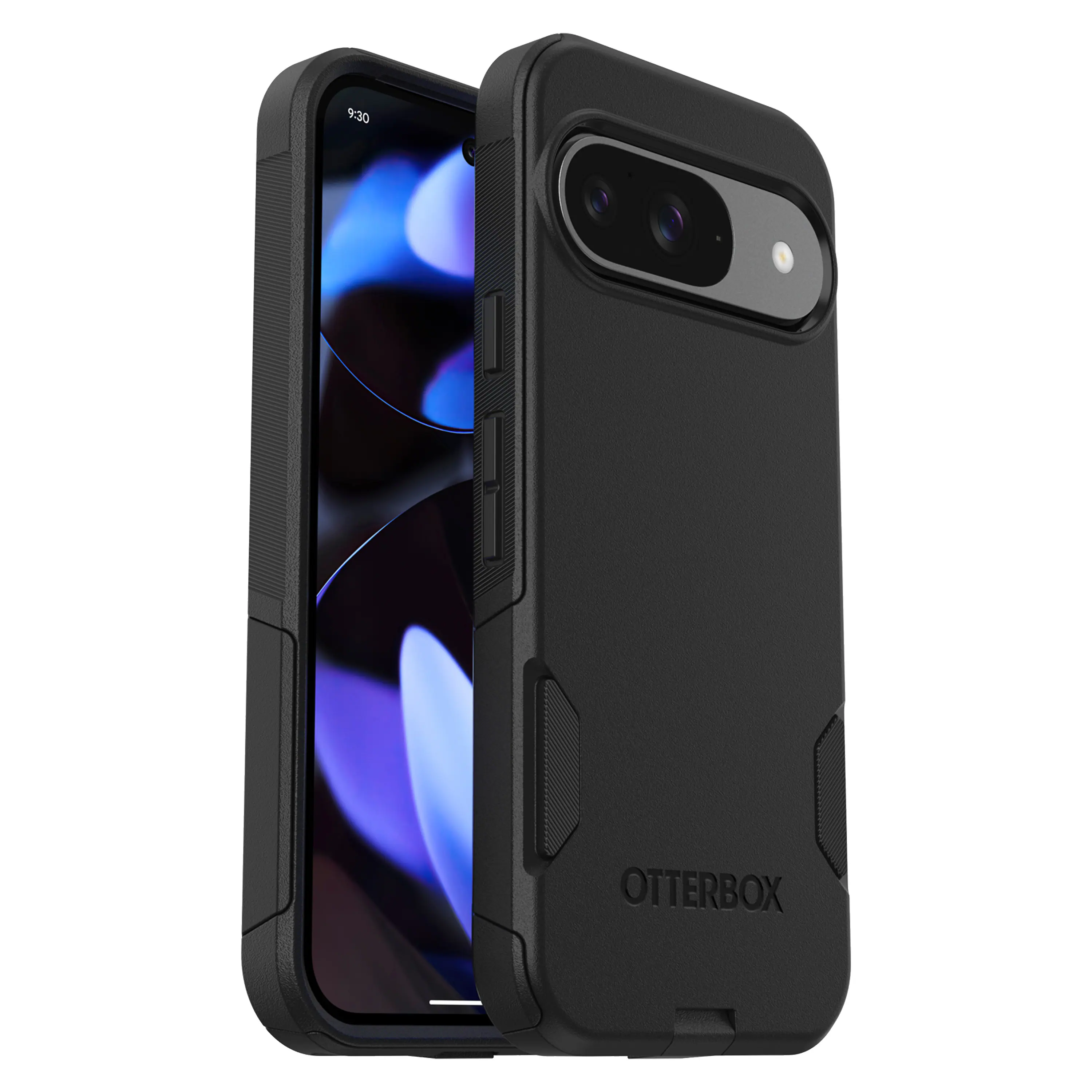 The image shows a black Otterbox case for an iPhone. The case is designed to protect the phone from damage and features a hard outer shell and a soft inner lining. The case is currently empty, with no phone inside.