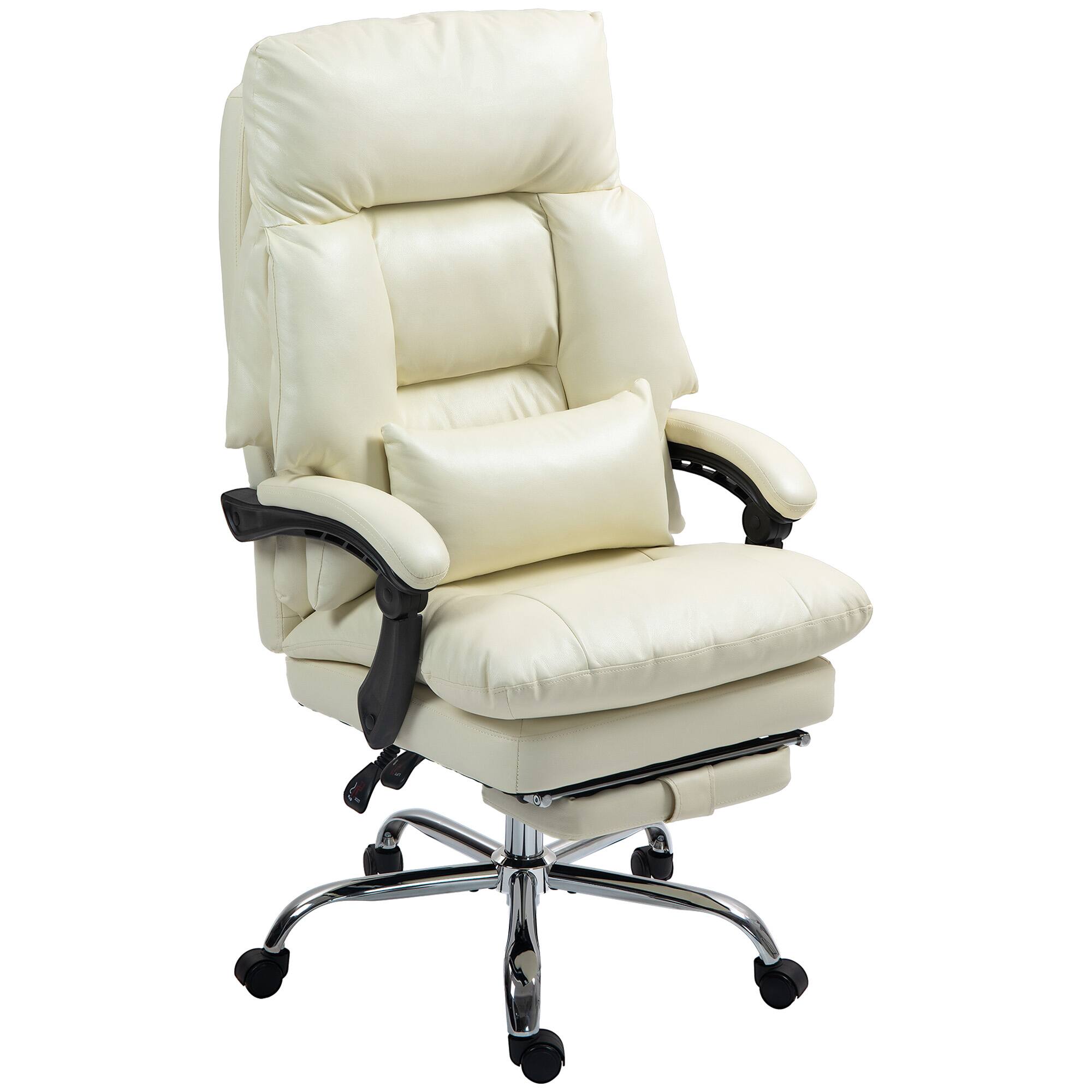 Homcom - Overstuffed Executive Office Chair, Reclining Desk Chair with Swivel Wheels, Foot Rest, High Back, Thick Padded - Cream White