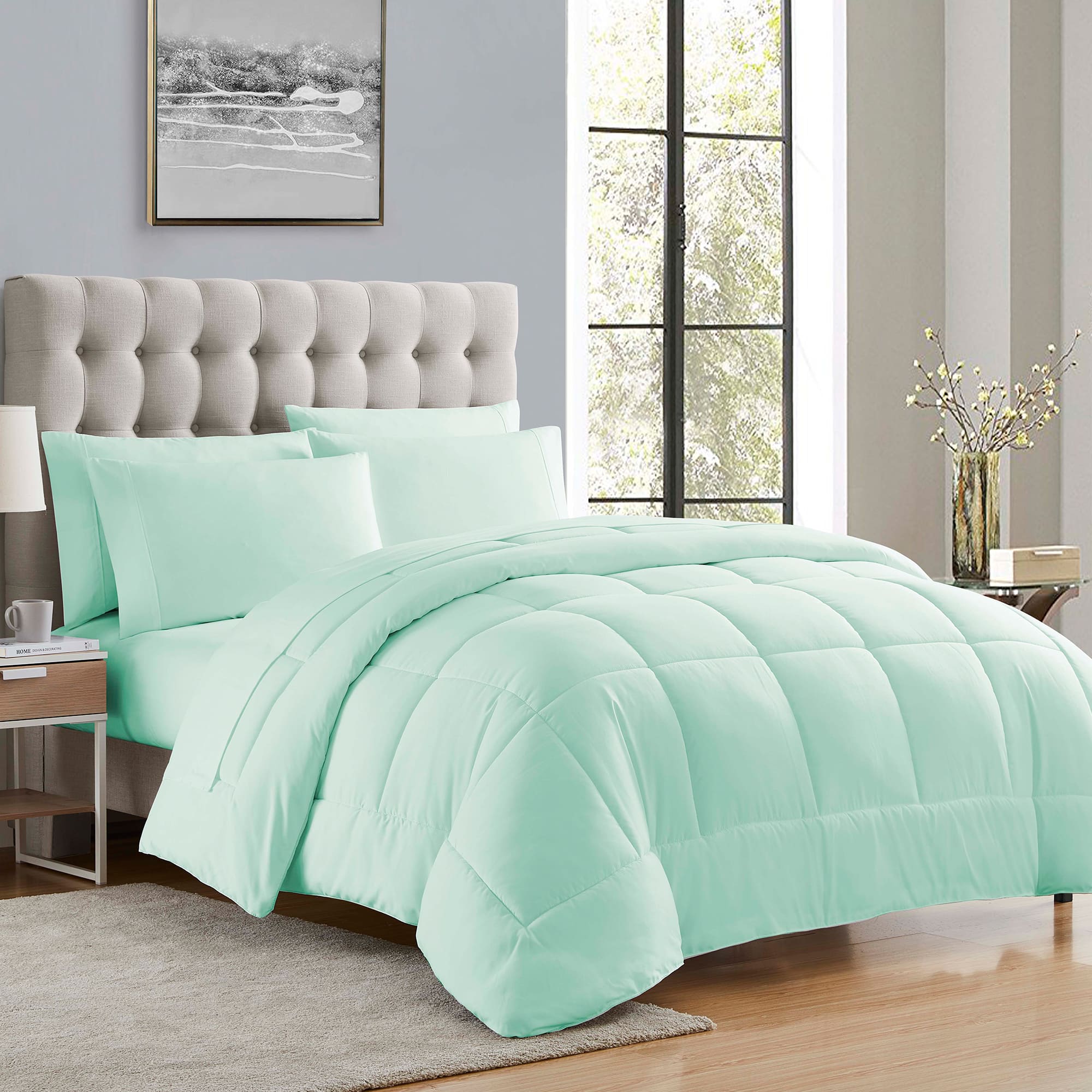 Front. Sweet Home Collection - All Season Reversible Bed-in-A-Bag Solid Color Comforter & Sheet Set, Queen - Mint.